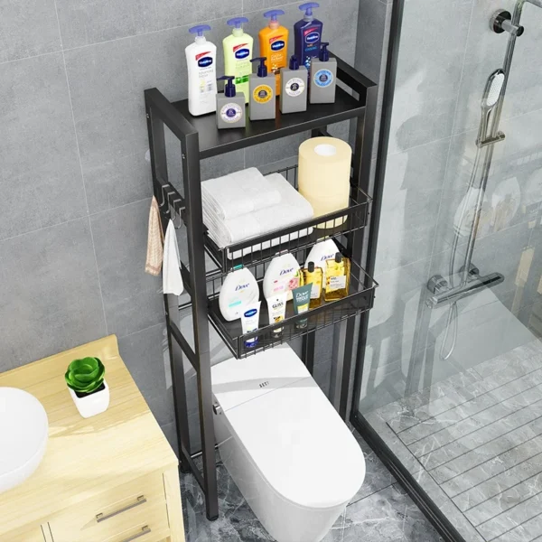 Home Over the Toilet Holder Towel Bars Storage Iron Rack Metal 3 Tier Bathroom Organizer Shelf with Paper Holder 3 Hooks White - Image 2