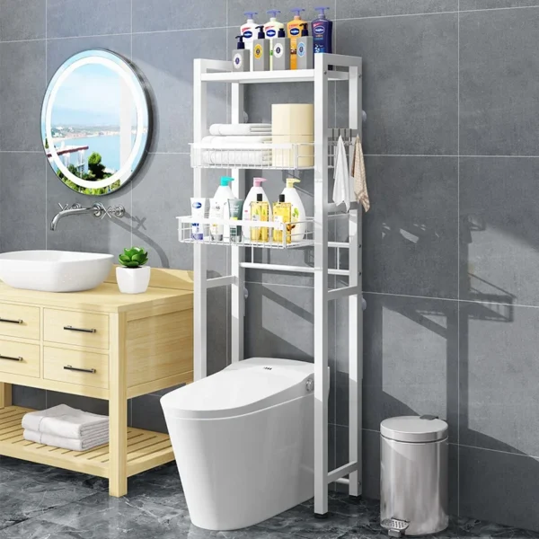 Home Over the Toilet Holder Towel Bars Storage Iron Rack Metal 3 Tier Bathroom Organizer Shelf with Paper Holder 3 Hooks White - Image 6