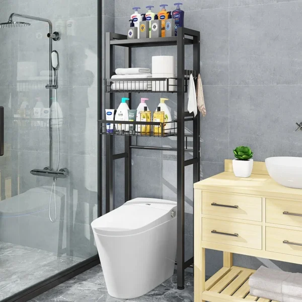 Home Over the Toilet Holder Towel Bars Storage Iron Rack Metal 3 Tier Bathroom Organizer Shelf with Paper Holder 3 Hooks White
