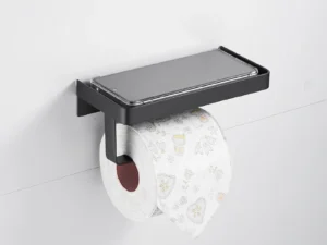 Modern Wall-Mounted SUS304 Stainless Steel Toilet Tissue Paper Holder with Mobile Phone Storage Shelf Black for Bathroom