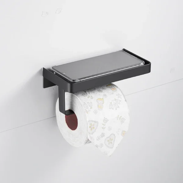 Modern Wall-Mounted SUS304 Stainless Steel Toilet Tissue Paper Holder with Mobile Phone Storage Shelf Black for Bathroom