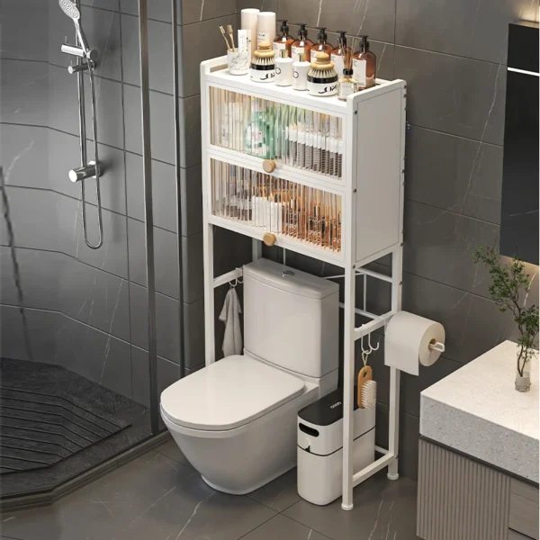 Bathroom With Cabinet Door Over Toilet Storage Rack Paper Roll Organization Holder 3 Tier Metal Towel Bath Products Shelf - Image 2