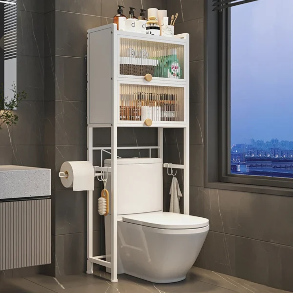 Bathroom With Cabinet Door Over Toilet Storage Rack Paper Roll Organization Holder 3 Tier Metal Towel Bath Products Shelf - Image 4