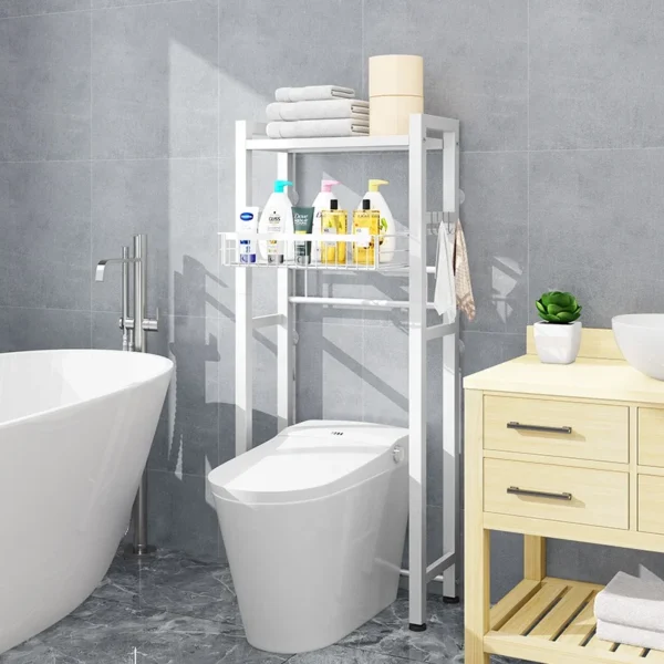 Home Over the Toilet Holder Towel Bars Storage Iron Rack Metal 3 Tier Bathroom Organizer Shelf with Paper Holder 3 Hooks White - Image 4