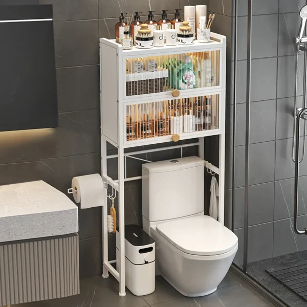 Bathroom With Cabinet Door Over Toilet Storage Rack Paper Roll Organization Holder 3 Tier Metal Towel Bath Products Shelf - Image 3