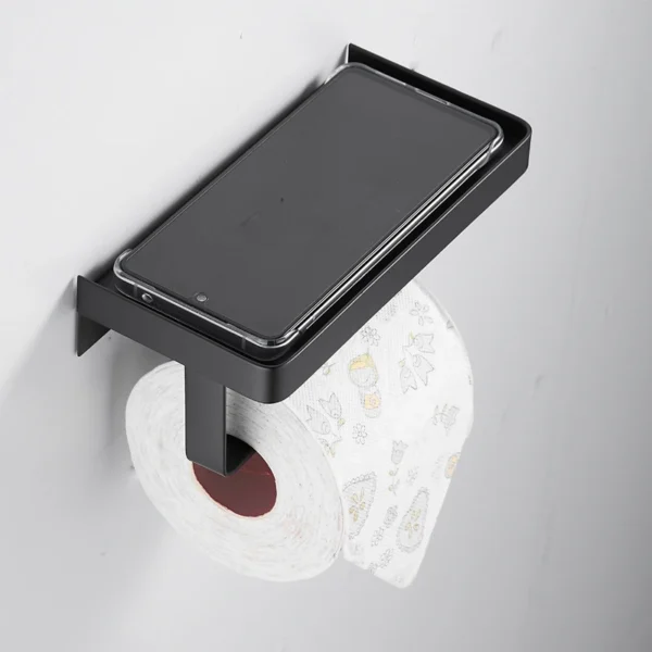 Modern Wall-Mounted SUS304 Stainless Steel Toilet Tissue Paper Holder with Mobile Phone Storage Shelf Black for Bathroom - Image 2